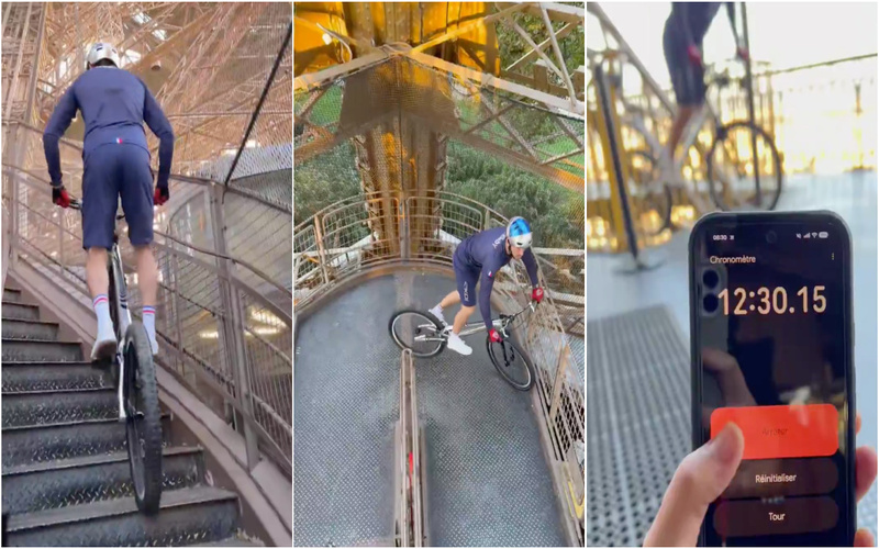 Francês sobe os 686 degraus da Torre Eiffel de bicicleta e faz história