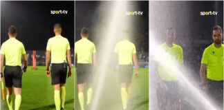 Árbitros ficam encharcados durante protesto antes do Famalicão-FC Porto