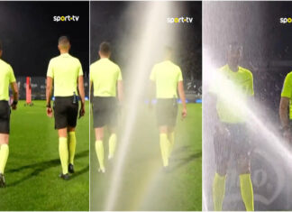 Árbitros ficam encharcados durante protesto antes do Famalicão-FC Porto