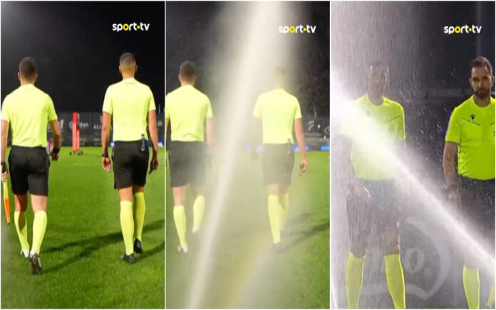 Árbitros ficam encharcados durante protesto antes do Famalicão-FC Porto