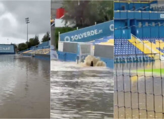 Estádio do Estoril inundado após forte chuva que atingiu a região