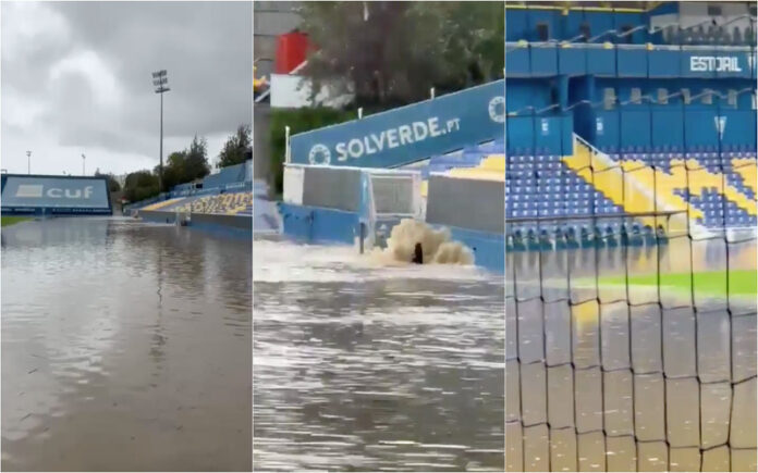 Estádio do Estoril inundado após forte chuva que atingiu a região