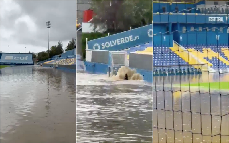 Estádio do Estoril inundado após forte chuva que atingiu a região