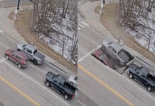 Estrada cede em Omaha e engole dois carros parados no semáforo