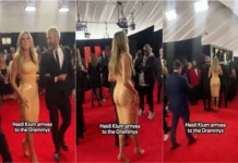 Heidi Klum causa sensação com vestido pouco prático nos Grammys