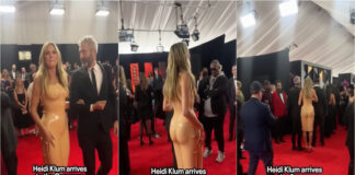 Heidi Klum causa sensação com vestido pouco prático nos Grammys