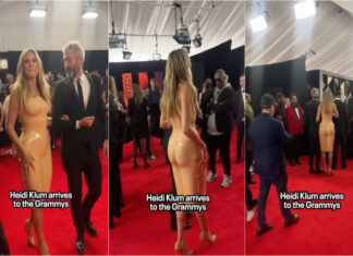 Heidi Klum causa sensação com vestido pouco prático nos Grammys