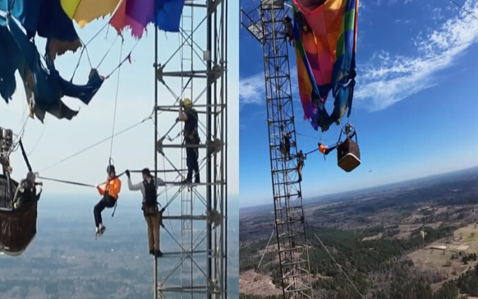 Balão colide com torre no Texas e deixa ocupantes suspensos