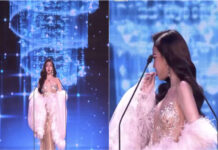 Candidata mantém postura após incidente inesperado em concurso de beleza