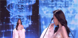 Candidata mantém postura após incidente inesperado em concurso de beleza