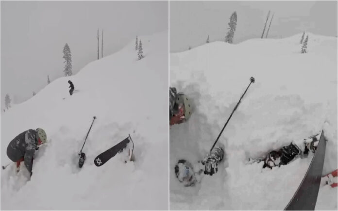 Resgate milagroso esquiador soterrado salvo ao serem vistas apenas as pontas dos esquis
