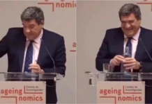 Presidente do Banco de Espanha protagoniza momento insólito ao confundir copo