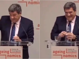 Presidente do Banco de Espanha protagoniza momento insólito ao confundir copo