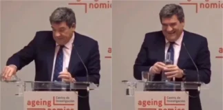 Presidente do Banco de Espanha protagoniza momento insólito ao confundir copo