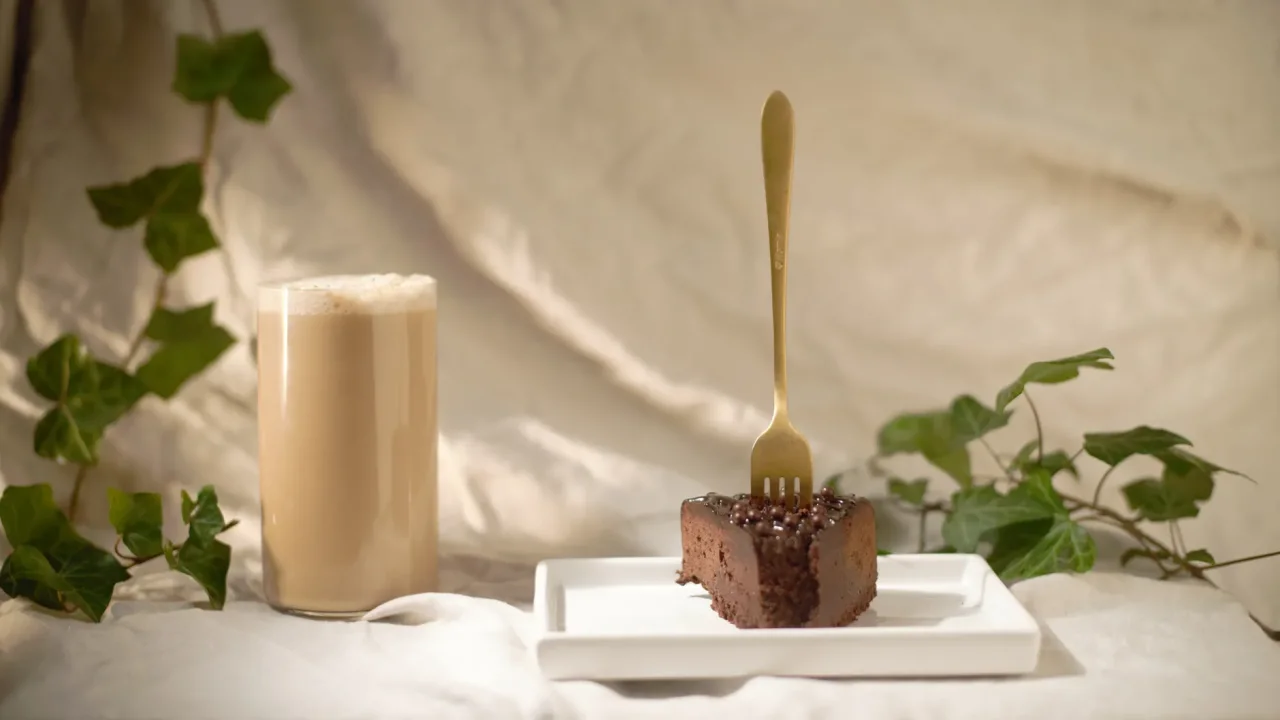 Illustrative photograph. It does not confirm the identity of any person mentioned in the article. A slice of chocolate cake with a glass of frothy coffee, accompanied by ivy leaves in a rustic arrangement.