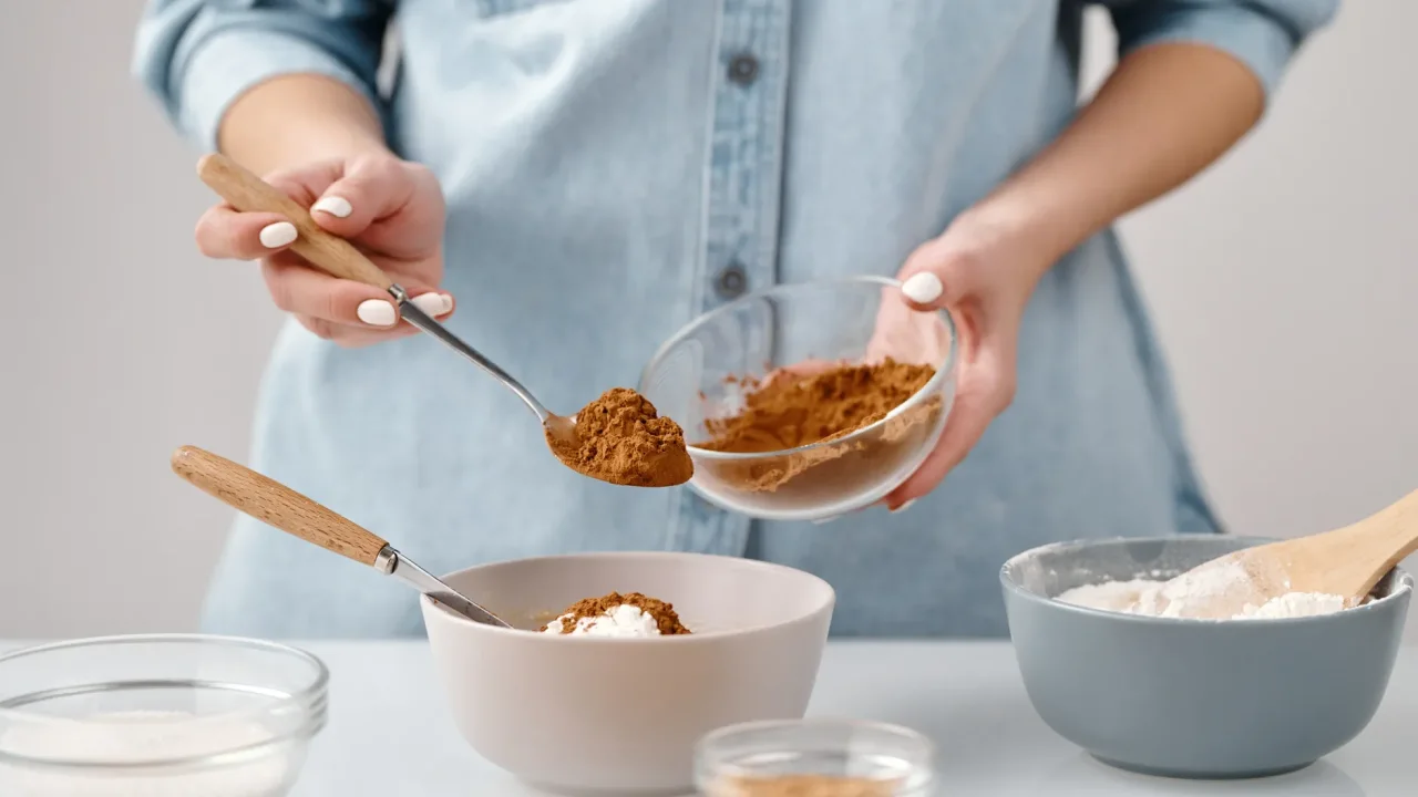 Illustrative photograph. It does not confirm the identity of any person mentioned in the article. Close-up of hands measuring cocoa powder for home baking preparation.