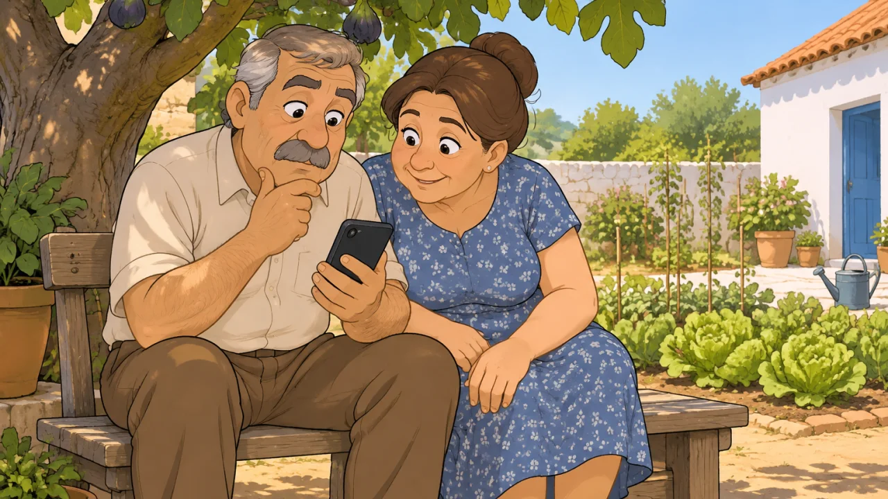 Ilustração cartoon: António, homem alentejano de cabelo grisalho curto, camisa clara e calças castanhas, sentado à sombra de uma figueira no quintal com um telemóvel; Teresa, mulher de cabelo castanho apanhado e vestido azul, olha para o ecrã ao lado dele