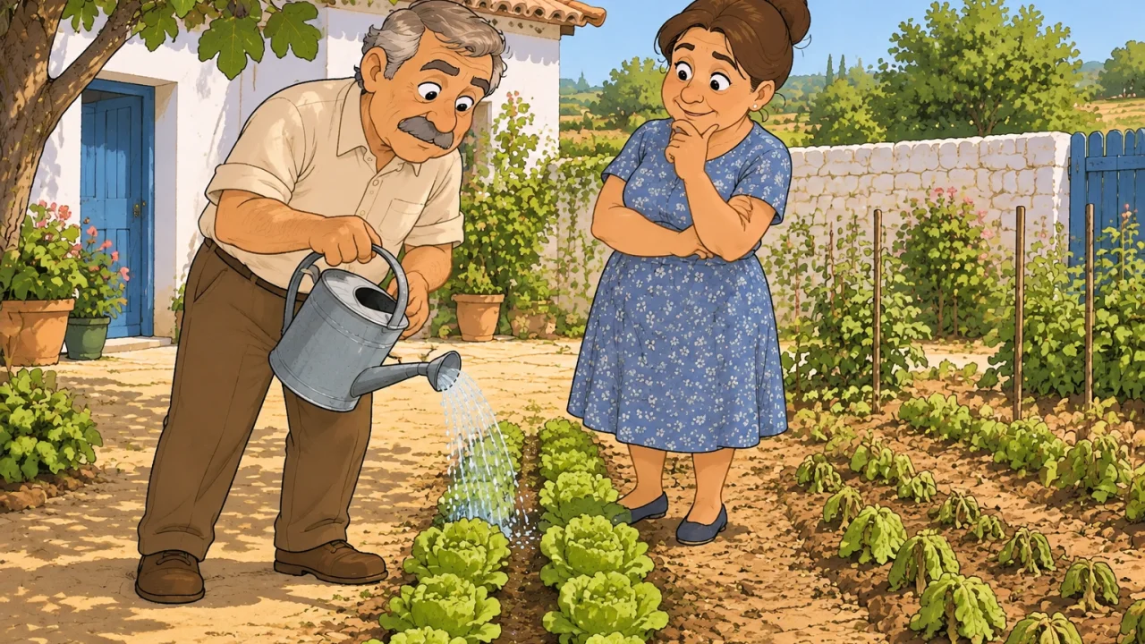 Ilustração cartoon: António, de camisa clara e calças castanhas, rega uma faixa estreita de uma horta ensolarada enquanto Teresa, de vestido azul, observa com ar intrigado; quintal alentejano com regador e alfaces.