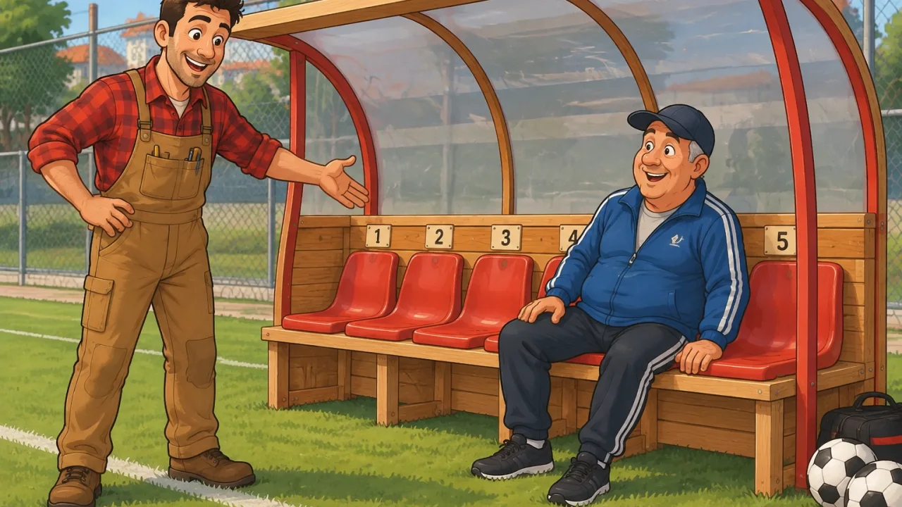Ilustração cartoon: Rui, com a mesma camisa de flanela vermelha, mostra o banco acabado junto à linha lateral de um campo de bairro; o treinador, de casaco desportivo azul, testa o assento enquanto dois jogadores aguardam de pé. Cobertura simples e placas