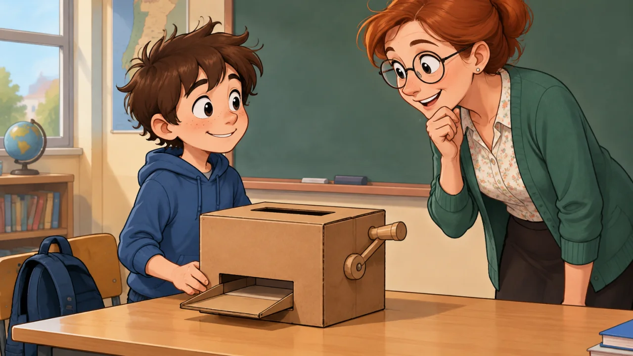 Ilustração cartoon: Numa sala de aula portuguesa, o Joãozinho, rapaz de dez anos com cabelo castanho despenteado, sardas e camisola azul, apresenta uma caixa de cartão com uma alavanca; a professora Helena, de cabelo ruivo preso, óculos redondos e cardiga