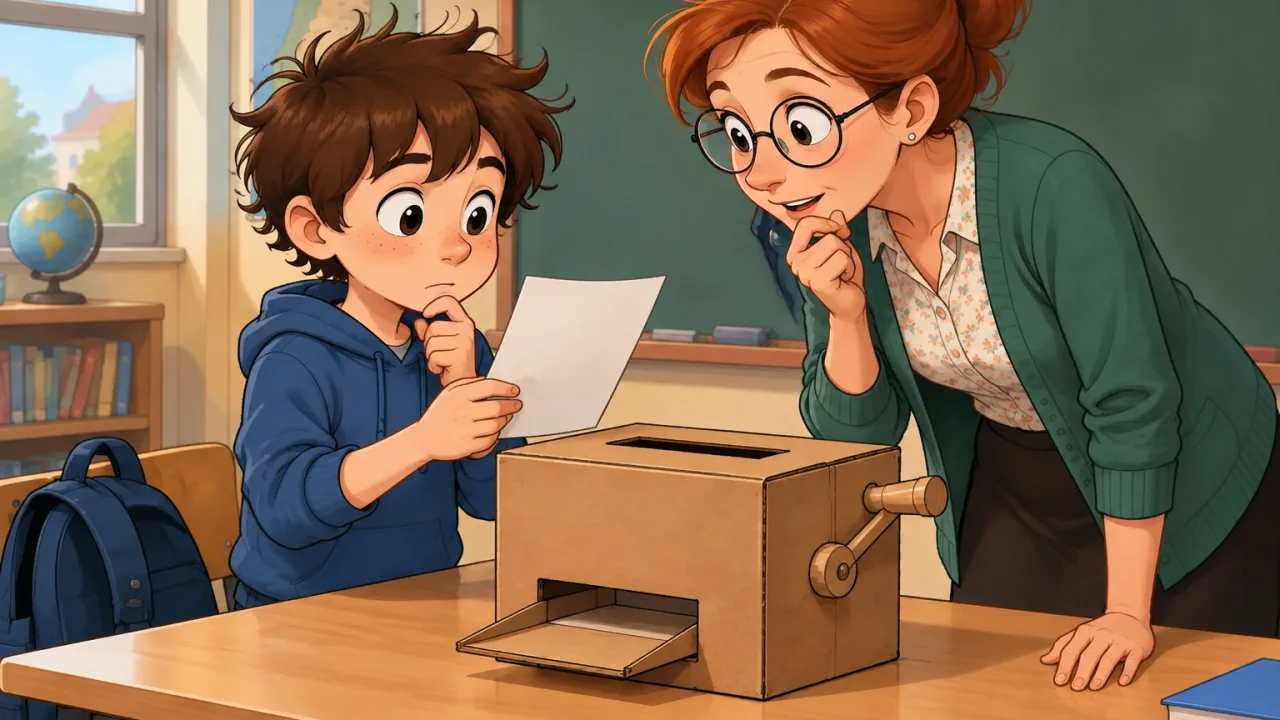 Ilustração cartoon: Na mesma sala de aula, o Joãozinho, de camisola azul e cabelo castanho despenteado, mostra uma folha à professora Helena, de cardigan verde e óculos redondos; ela examina o papel junto à caixa de cartão, ambos intrigados. Duas figuras