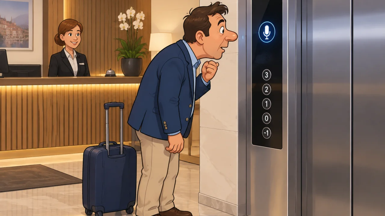 Ilustração cartoon: Homem português de meia-idade, cabelo castanho curto e casaco azul, junto à recepção de um hotel moderno, a falar para o painel de um elevador.
