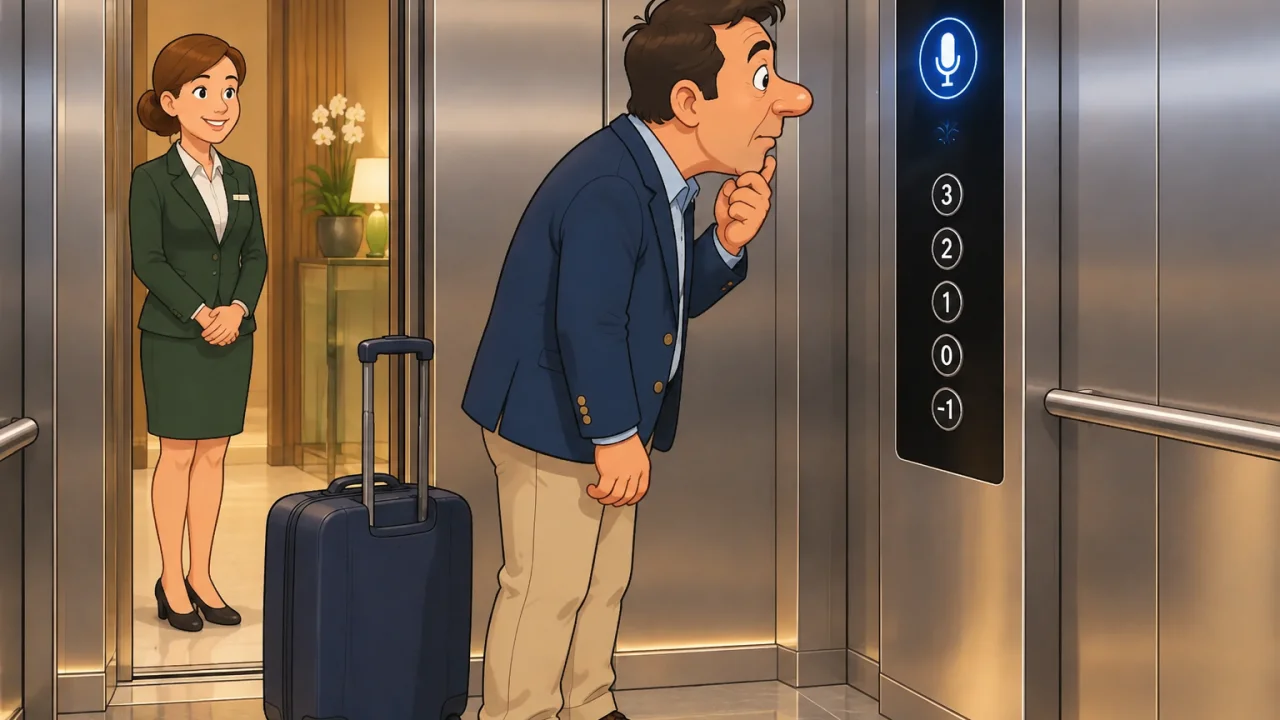 Ilustração cartoon: O mesmo homem de casaco azul dentro de um elevador moderno, a olhar para o ecrã táctil enquanto uma funcionária de cabelo escuro e uniforme verde o observa da porta.