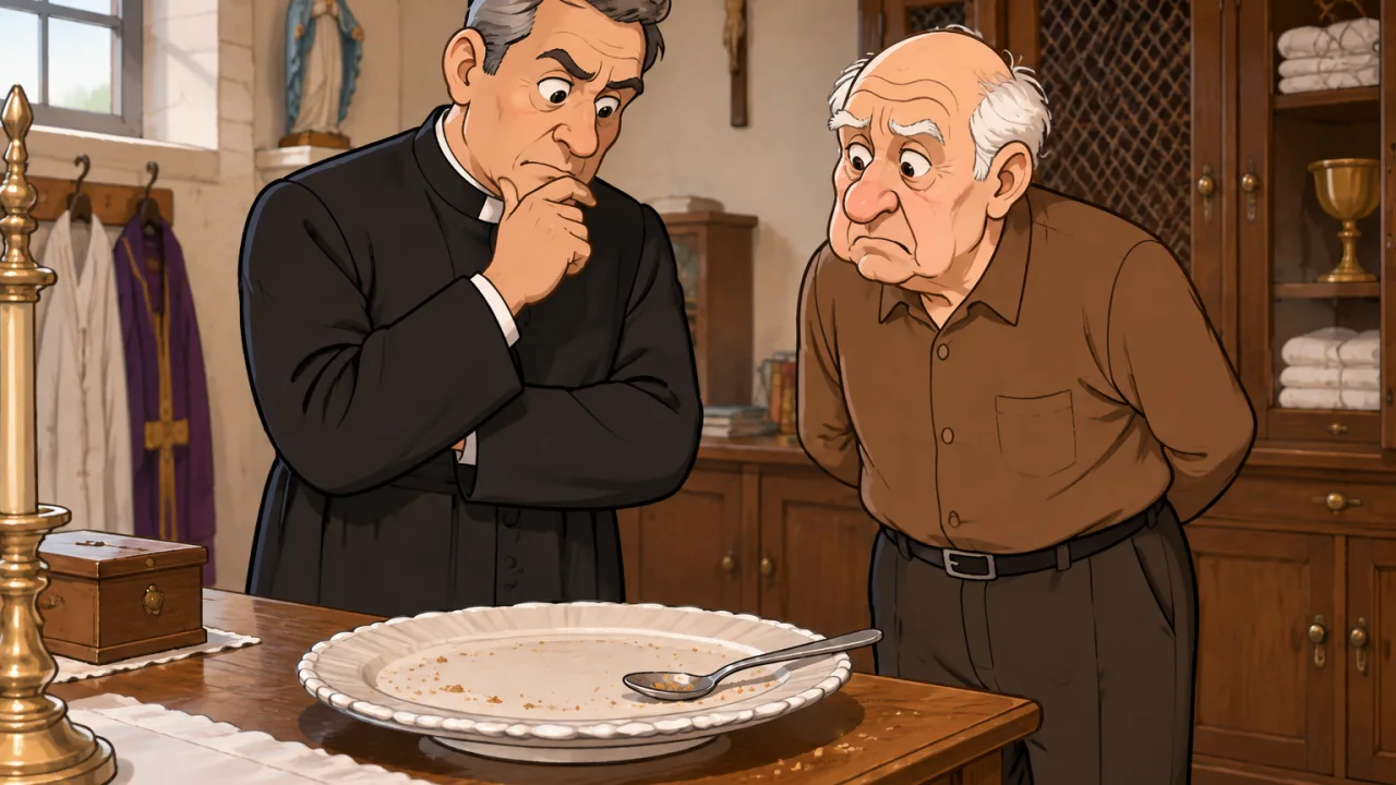 Ilustração cartoon: Padre de meia-idade, cabelo grisalho e batina preta, e sacristão idoso de cabelo branco e camisa castanha a inspeccionarem um prato vazio numa sacristia acolhedora, com ar desconfiado, sem texto.