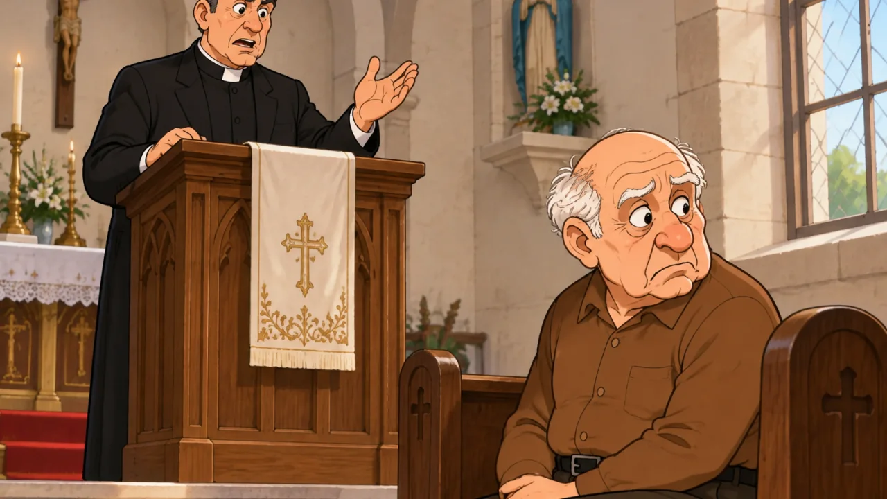Ilustração cartoon: Padre de batina preta a falar do púlpito numa igreja de aldeia, enquanto um sacristão idoso de camisa castanha está sentado na primeira fila e olha inquieto para uma janela, sem texto.