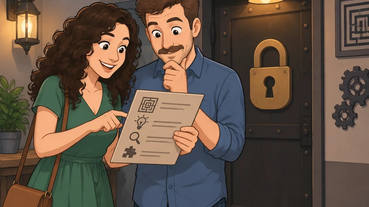 Ilustração cartoon: A Inês, de 31 anos, com cabelo castanho-escuro encaracolado e vestido verde, e o Rui, de 33 anos, com cabelo castanho curto, bigode discreto e camisa azul, diante da entrada de uma sala de fuga, a ler as instruções juntos.
