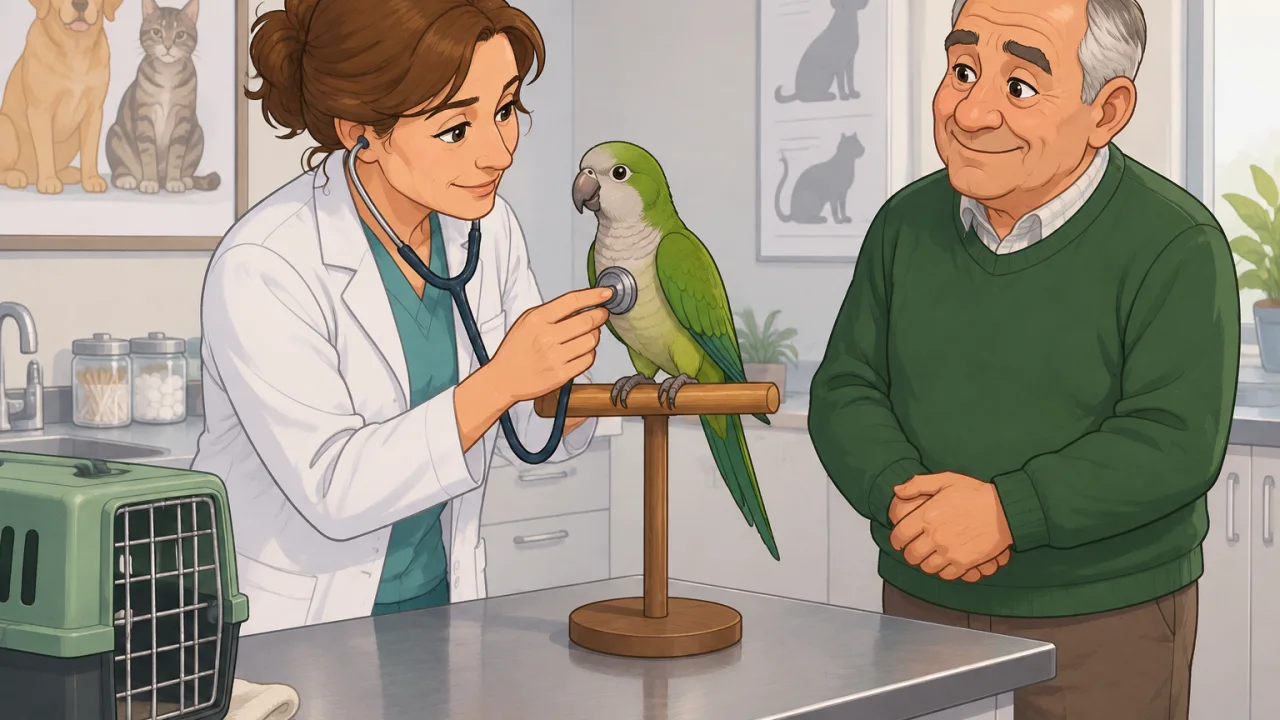Ilustração cartoon: Na sala de consulta veterinária, a doutora Inês, mulher de cerca de 40 anos com cabelo castanho apanhado e bata clara, examina um papagaio verde e cinzento pousado num poleiro sobre a mesa; o António, homem de cerca de 60 anos, cabelo