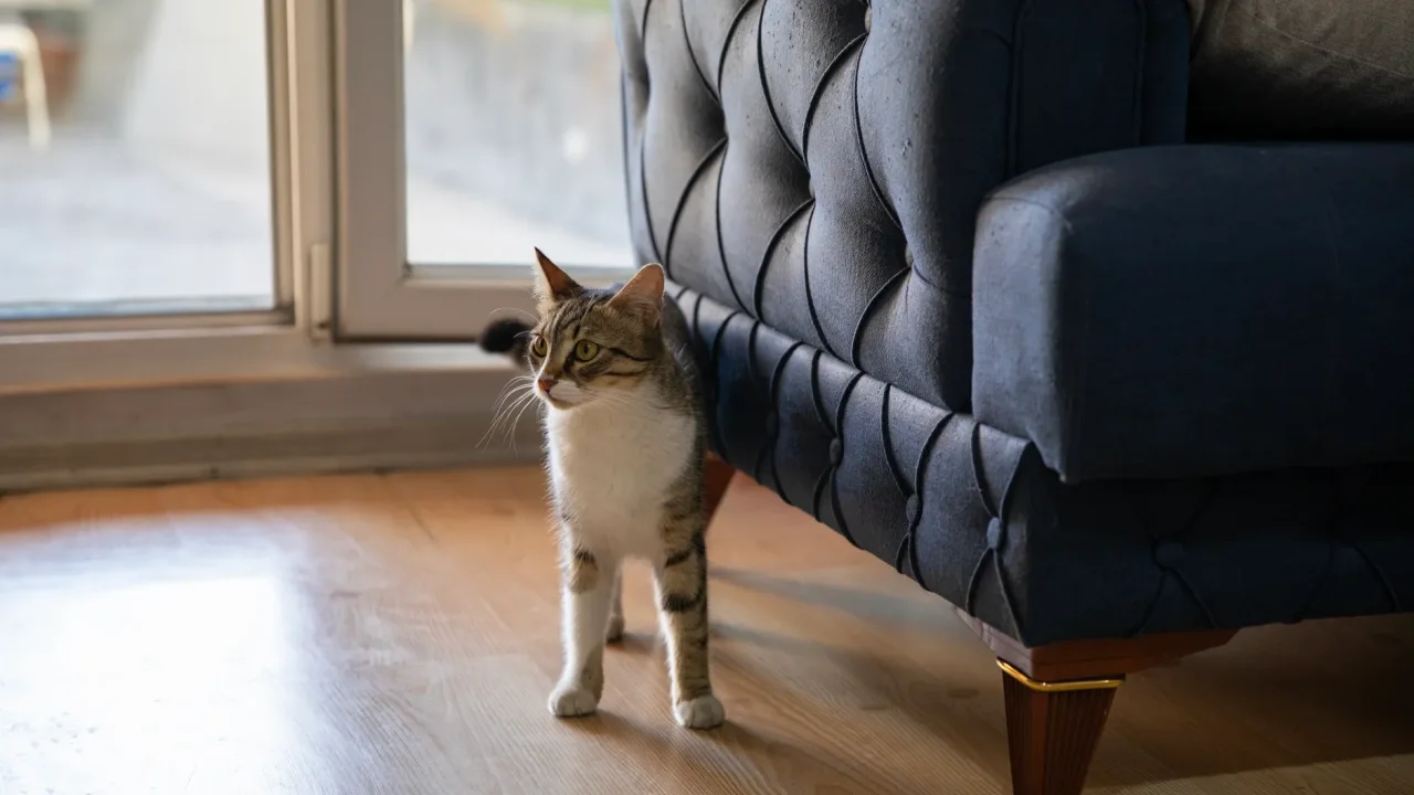 Illustrative photograph. It does not confirm the identity of any person mentioned in the article. A tabby cat curiously explores a living room with contemporary furniture and soft lighting.